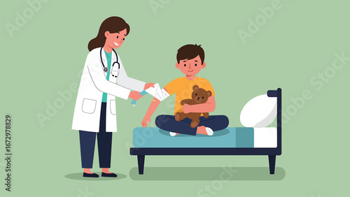 Pediatrician consults a young boy patient during a medical checkup, doctor performing vaccination, child receiving shot, healthcare appointment