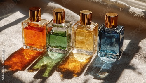 Four vibrant perfume bottles cast colorful shadows on a light-colored surface