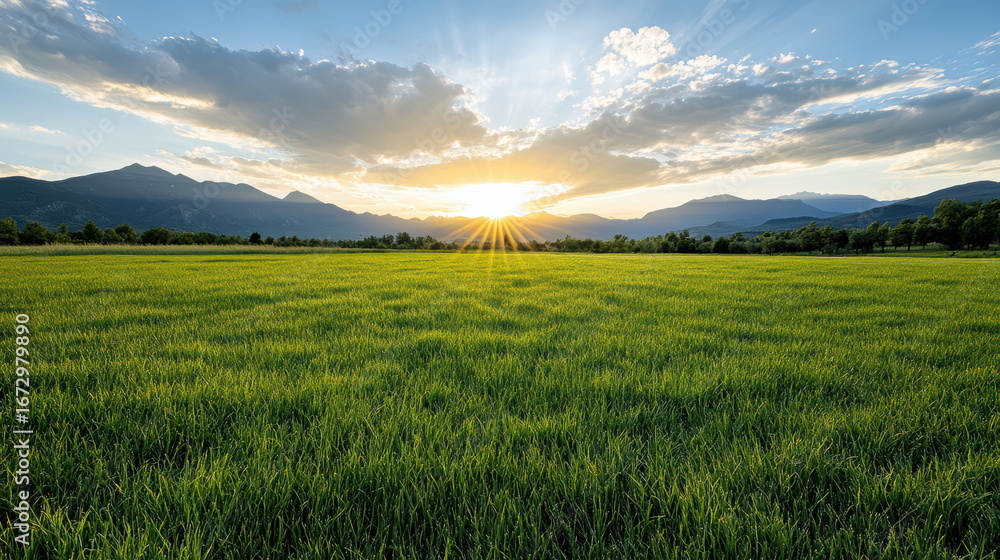 Fototapeta premium Sunrise over peaceful meadow with vibrant green grass and distant mountains
