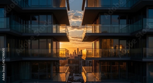 Symmetrical modern architecture with a golden sunset view.