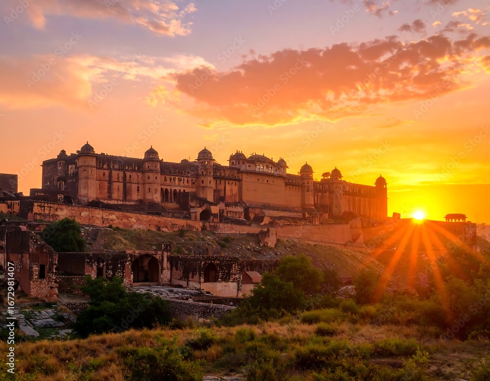 Fototapeta premium Majestic fort silhouetted against a vibrant sunset, sun rays bursting