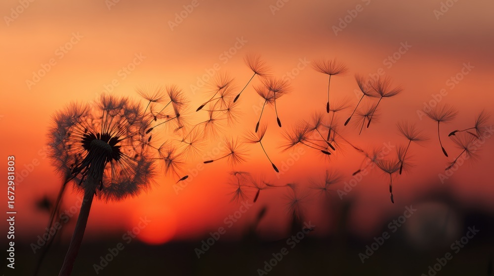 Fototapeta premium Dandelion Seeds Floating Against a Colorful Sunset Sky