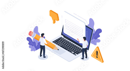 Team collaborates on digital form design, facing challenges with a thumbs down and warning sign.