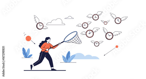Woman chases flying clocks with net symbolizing time management and deadline pressure in business