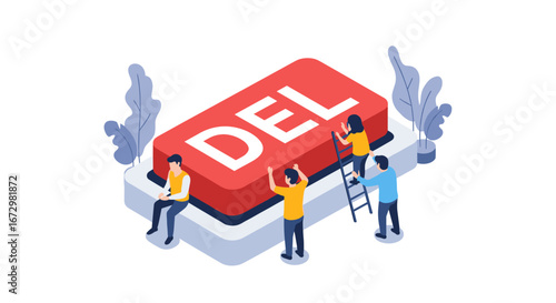 Team collaborates to delete data on a massive red button, symbolizing error correction and digital cleanup