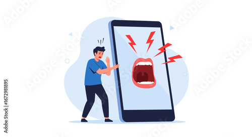 Man overwhelmed by aggressive online voice on giant smartphone screen
