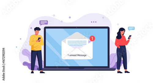 Modern communication concept with people checking phones near laptop showing unread message notification