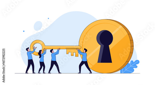 Teamwork unlocks success with golden key and lock symbol for business growth and achievement