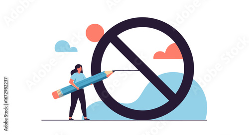 Woman drawing a line through a prohibition symbol with a large pencil, creative block concept