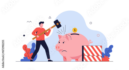 Frustrated man about to smash piggy bank with hammer, representing financial crisis or debt