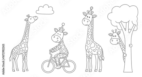 Cute Cartoon Giraffes Playing Outdoors, One Riding a Bicycle, Some Wearing Party Hats, Black and White Vector Illustration in Bright Studio