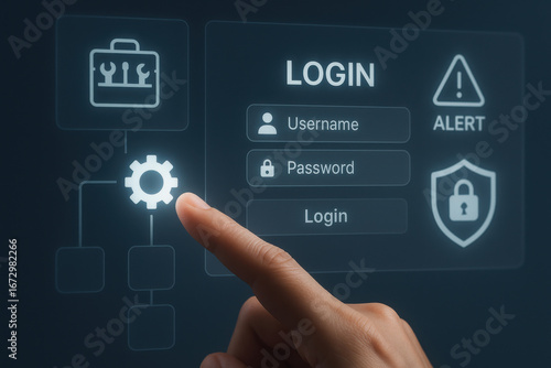 Login interface with security icons and hand pointing at gear symbol on screen