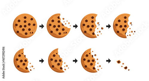 Delicious chocolate chip cookie progressively eaten through sequential stages, showing consumption process