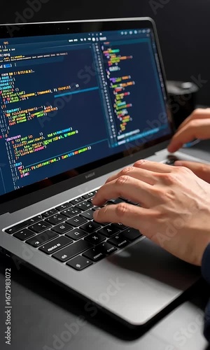 Hands typing on a laptop with code on screen