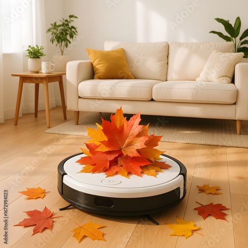 Robot Vacuum Navigates Autumn Leaves in Modern Living Room: Cozy Home Decor with Fall Colors and Minimalist Design