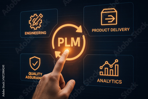 PLM concept with hand pointing digital interface showing engineering, delivery, quality