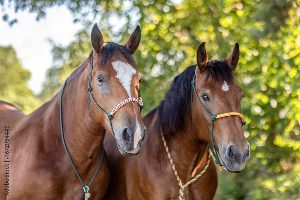 Fototapeta premium South German draft horse mares standing together as a traditional team in nature