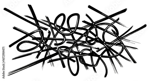 Abstract Chaotic Black Scribble Lines Pattern on Isolated White Background