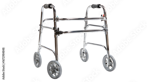 Heavy-duty chrome walker for bariatric patients, reinforced frame, dual front wheels, wide hand grips, non-skid tips, extra weight capacity, isolated on transparent background --ar 16:9 --s 250