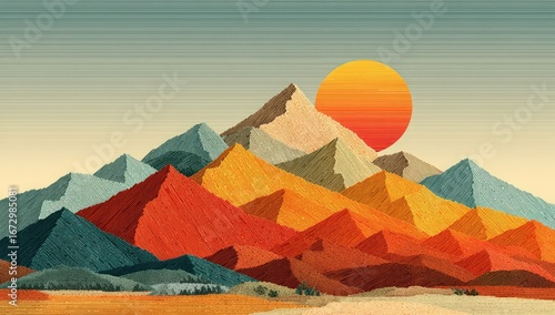 Colorful mountain range at sunset, stylized with a pixelated texture