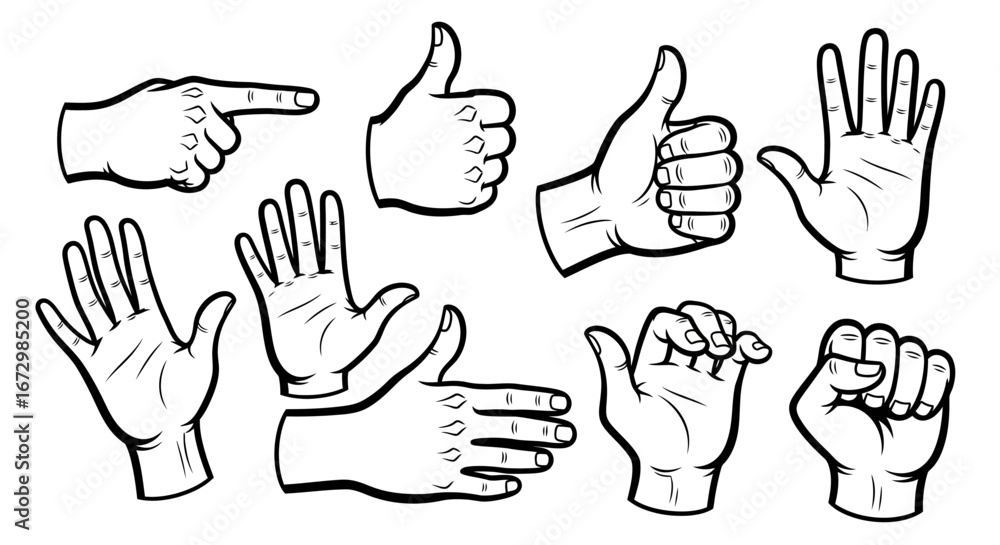 Fototapeta premium Various Hand Gestures Doodle Set, Black and White Communication Symbols on Isolated White Background