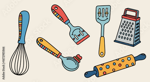 Colorful Kitchen Utensils Doodle Background, Cooking and Baking Tools in Bright Studio