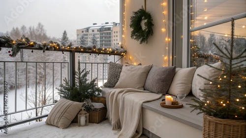 Scandinavian Cozy Christmas Balcony with String Lights USA