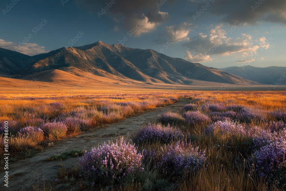 Fototapeta premium Golden hour illuminates a vast, purple-flowered valley nestled between majestic mountains