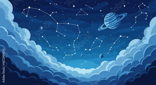 Cosmic Night Sky Constellations and Planets.