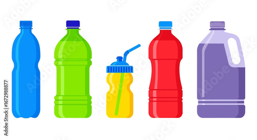Assortment of colorful plastic bottles for various beverages and drinks.