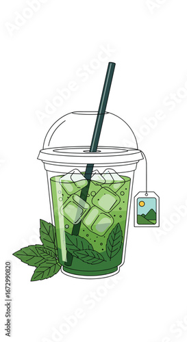 Refreshing green iced tea with mint and ice cubes in a clear plastic cup with a straw and tea bag