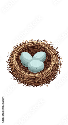 Three delicate blue bird eggs resting safely in a woven nest of twigs and straw on a white background