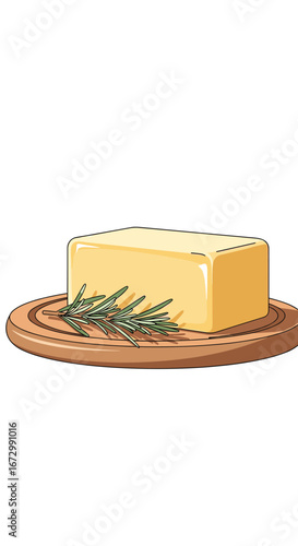 A block of creamy butter resting on a wooden butter dish with fresh rosemary sprigs