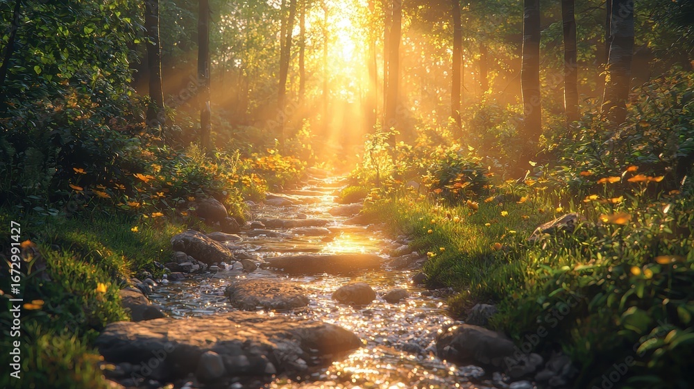 Obraz premium Sunlit Forest Stream: Golden Light Rays Illuminate Tranquil Path