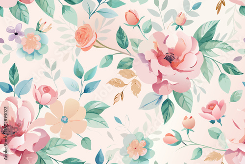 Elegant floral pattern with pastel roses and leaves creates a dreamy, feminine aesthetic perfect for designers