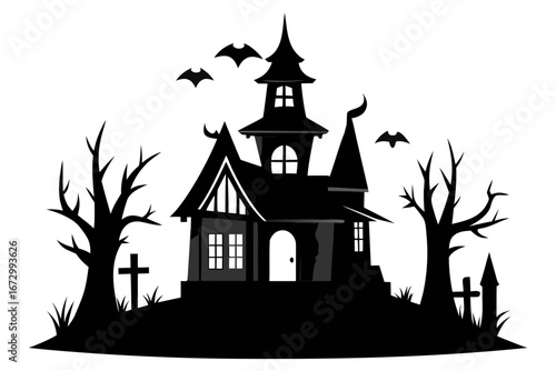 Haunted house silhouette at night with bats and full moon spooky Halloween scene