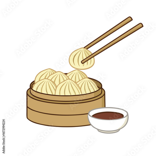 Dumplings in bamboo steamer with dipping sauce and chopsticks vector