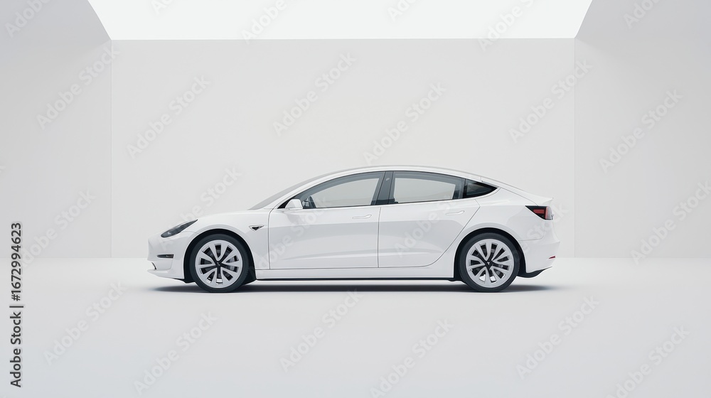 Fototapeta premium A modern electric car parked in a studio with dramatic lighting, balanced composition with ample copy space for text, advertising background