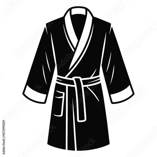 Classic black and white illustration of a comfortable bathrobe with a belt and collar silhouette