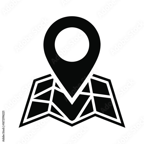 Black silhouette of a map with a location pin marking a destination point