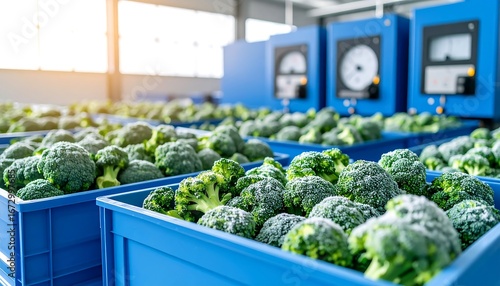 Fresh broccoli in blue crates