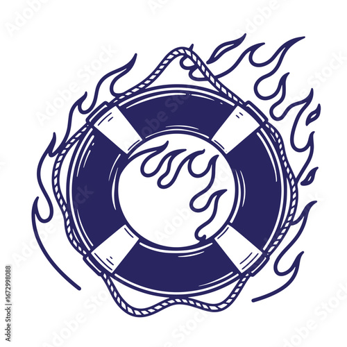 Blue lifebuoy surrounded by flames illustrated nautical design on a white background