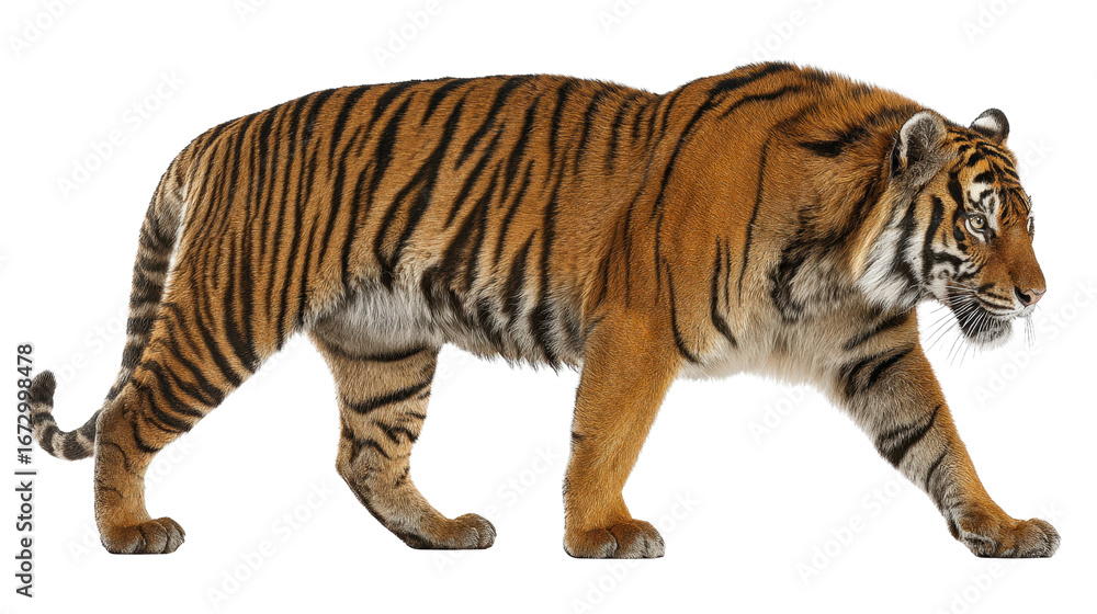 Obraz premium Profile of tiger in stalking posture, muscles tense isolated on a Transparent background, PNG file.