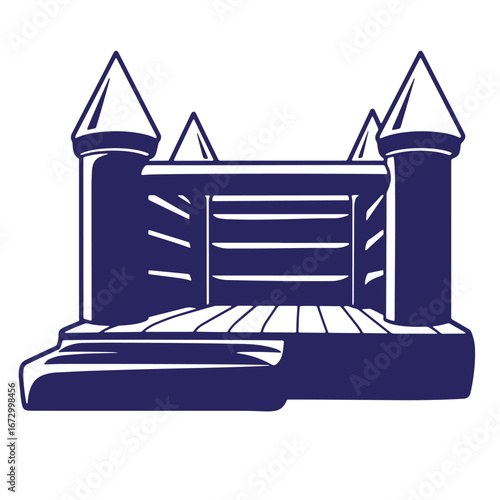 Cartoon illustration of a blue bounce house for children with turrets and simple lines