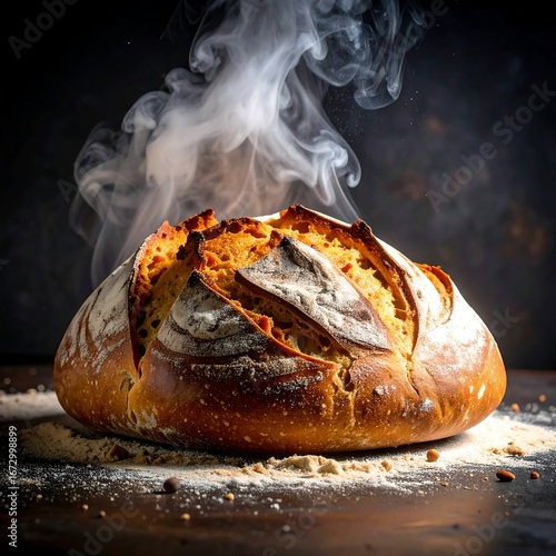 Freshly baked artisan bread steaming