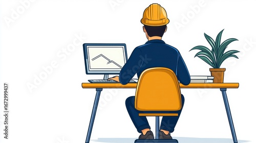 Pixel Art Illustration of Engineer at Desk Working on Computer