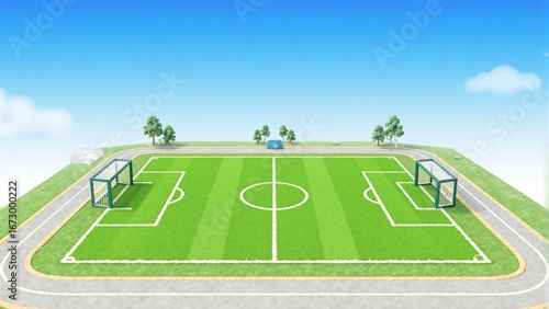 Illustration of a Soccer Field with Surrounding Trees and Clear Sky