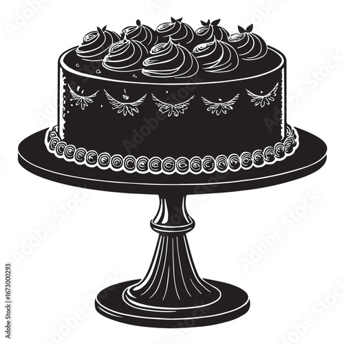 black Cake on Stand  Silhouette Vector, High Quality Illustration on White Background