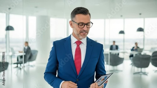 Dynamic executive presenting company growth data using tablet in bright modern office with team, a confident vision of success