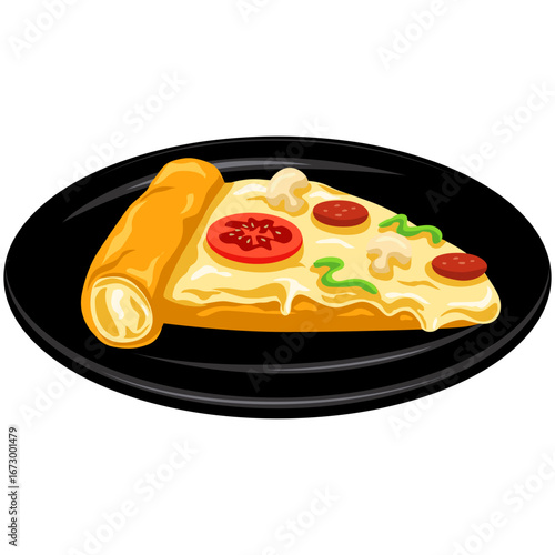 Pizza Slice on Black Plate Vector Illustration